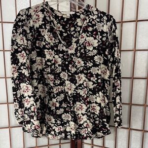 Fun 2 Fun Black Floral Blouse with Red and White Accents PTP 23 inches